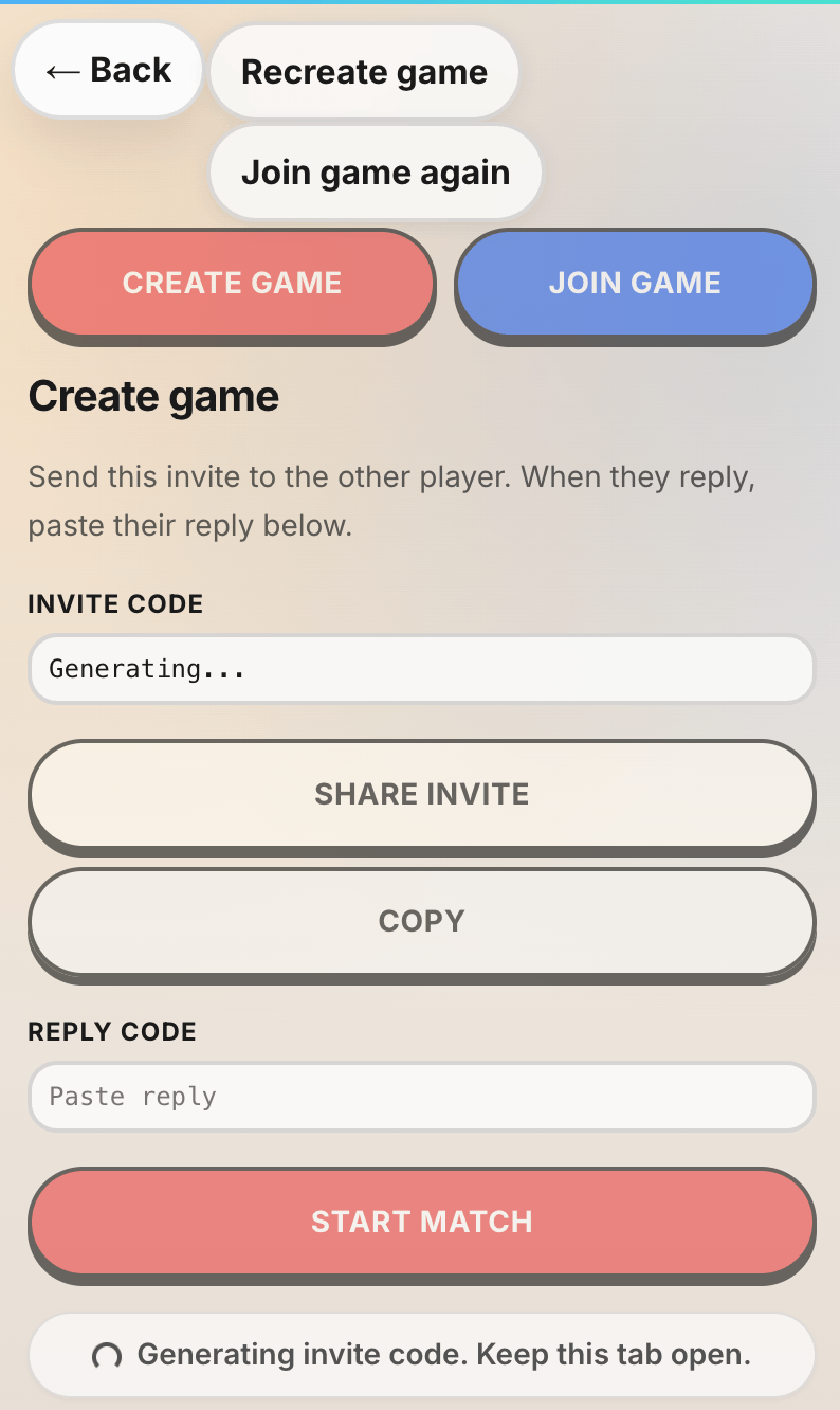 Early screenshot of the Browser Multiplayer handshake screen showing stacked buttons, invite code generation, and rough mobile layout