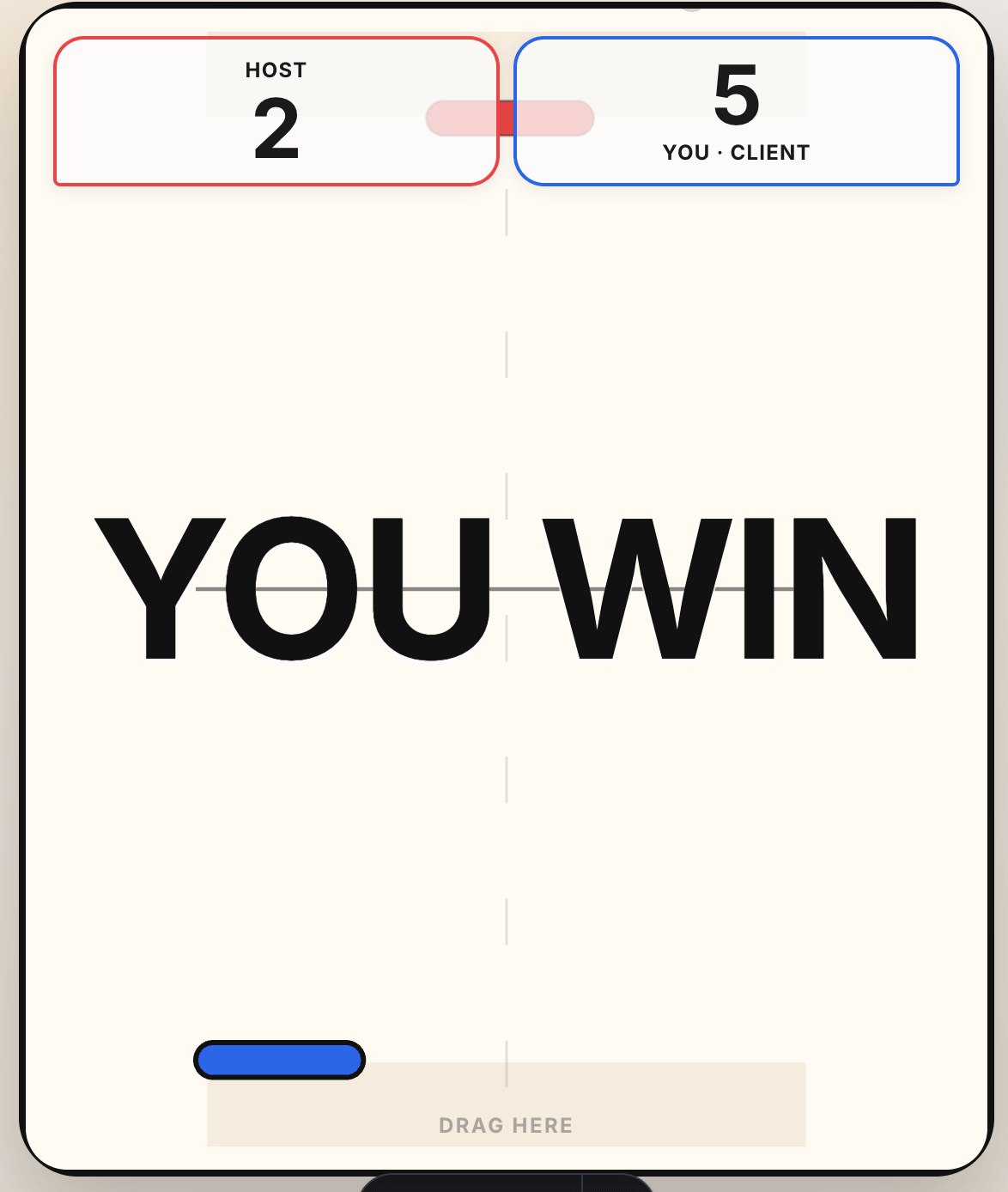 Early screenshot of the Browser Multiplayer match screen showing oversized win text, boxed score cards, and rough touch controls