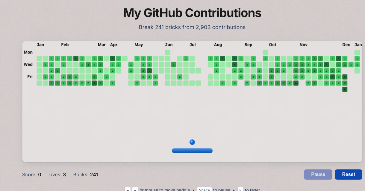Early prototype of the brick breaker game showing basic green bricks and paddle