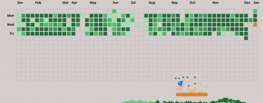 Screenshot of GitHub Brick Breaker game showing contribution graph bricks