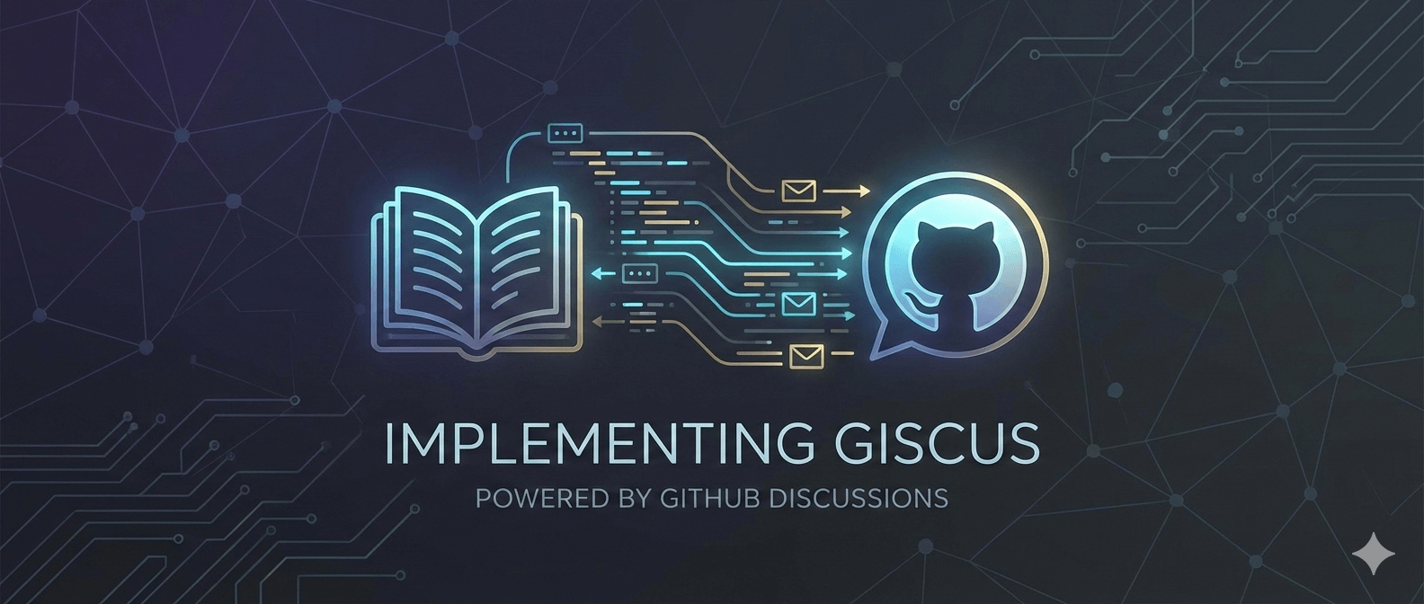 A stylish, wide-format technical illustration on a dark, geometric background. It features a glowing blue book icon on the left connected by flowing data lines and code snippets to a GitHub Octocat logo inside a speech bubble on the right. Below the icons, the text reads IMPLEMENTING GISCUS and POWERED BY GITHUB DISCUSSIONS in an elegant, modern font.