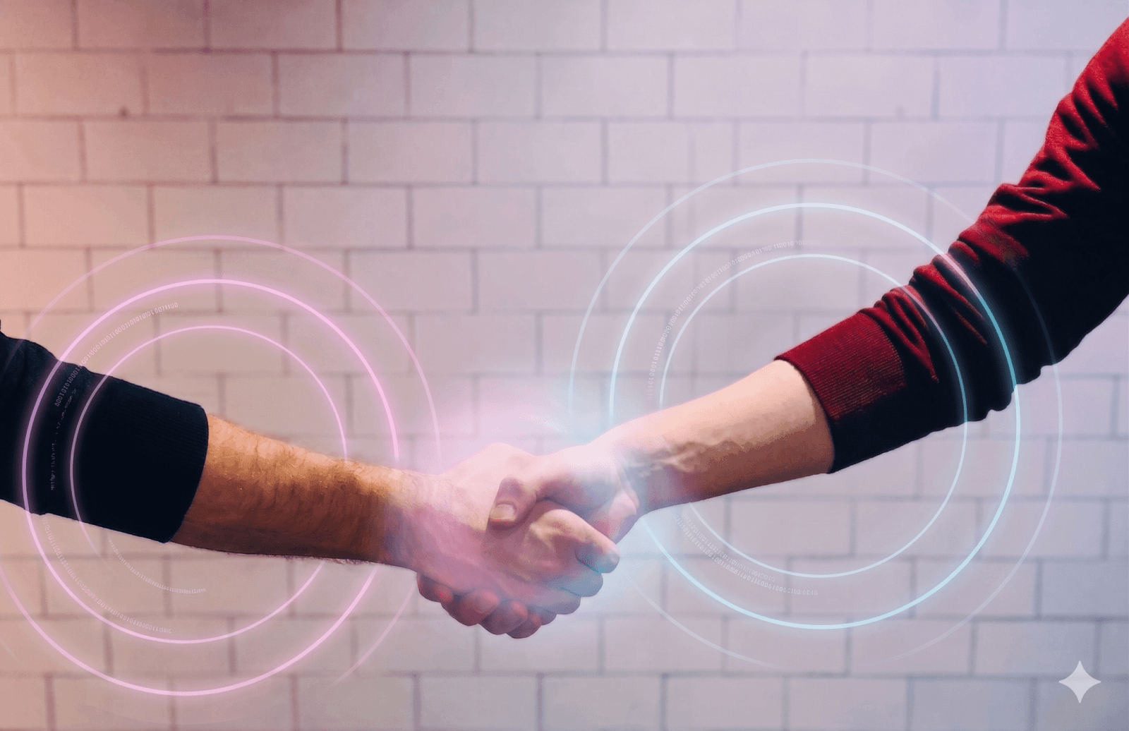Two people shaking hands in front of a patterned white wall