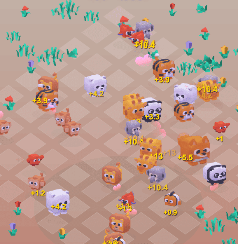 Screenshot of the Idle Game experiment showing a pastel meadow with animal sprites and HUD controls